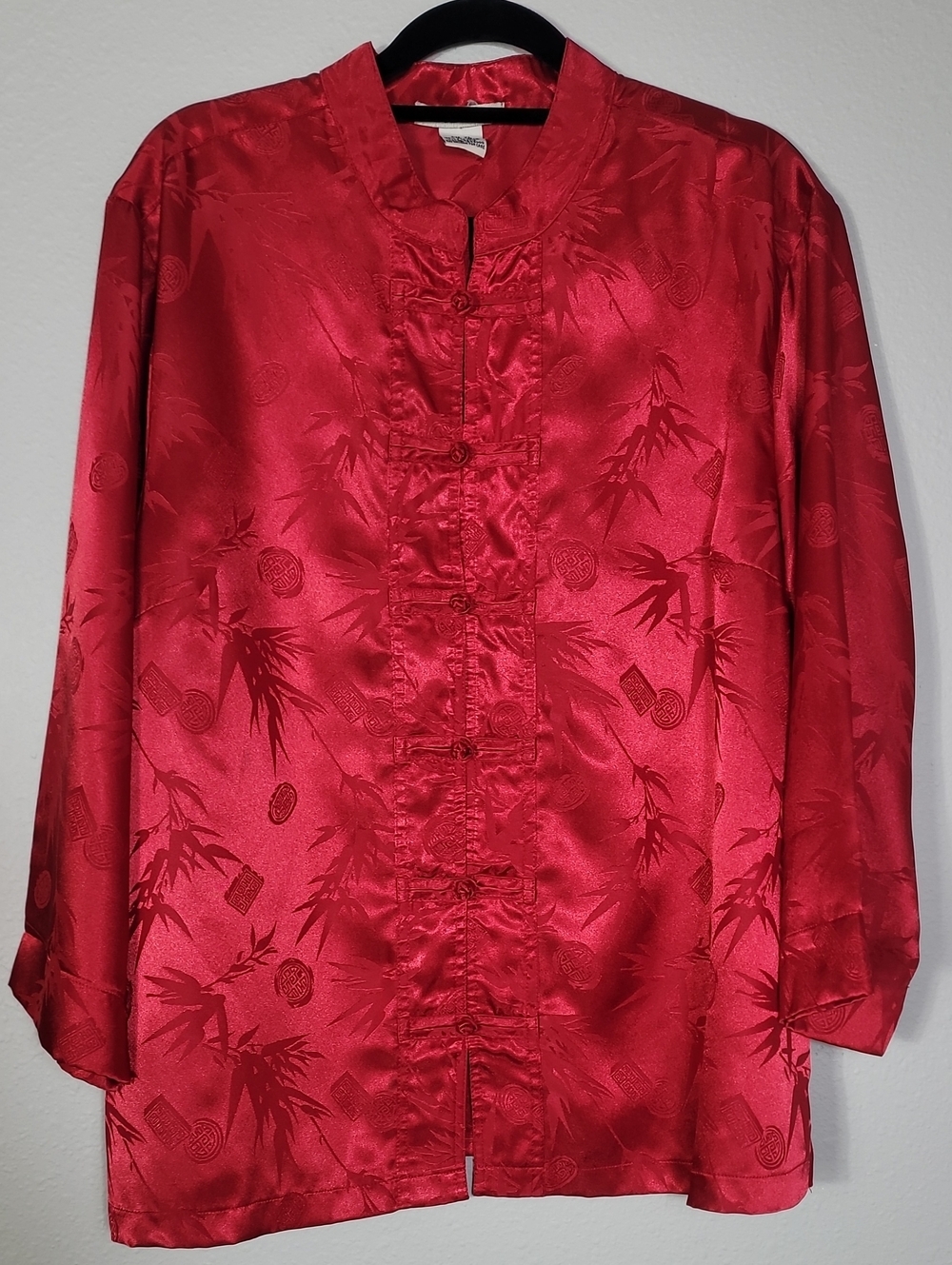 Vintage Notations Silky Asian Frog Toggle Shirt Size XL Red Mandarin Collar